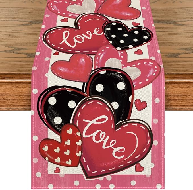 Artoid Mode Pink Polka Dot Heart Love Table Runner, Anniversary Wedding Kitchen Dining Table Decoration for Home Party Decor 13x72 Inch