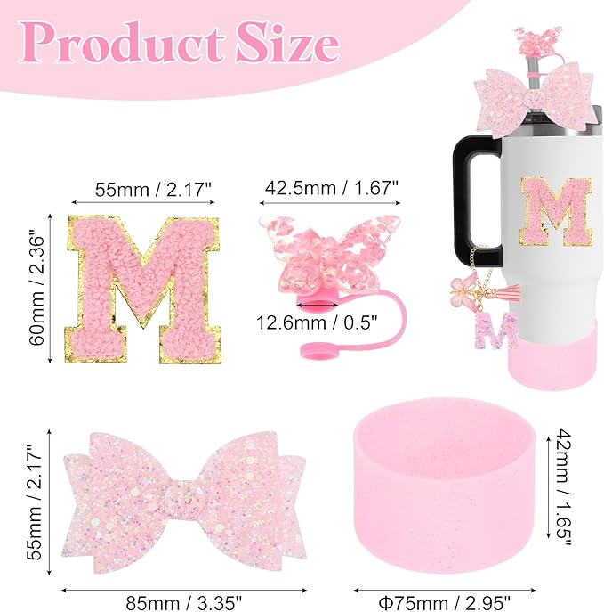 uxcell 8Pcs Cup Accessories Set for Cup Tumbler with Handle, Including Silicone Straw Cover, Boot, Spill Proof Stopper, Handle Charm, Initials Sticker(Letter M, Pink)