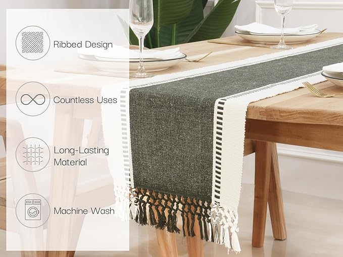 PurpleEssences Table Runner - Wide with Dobby Stripe, Heavy Ribbed Weave & Double Knot Fringes, 14x90 Inch (14x95.5 with Fringes) Farmhouse Decor Christmas Holiday Winter - Artichoke Green and H.White