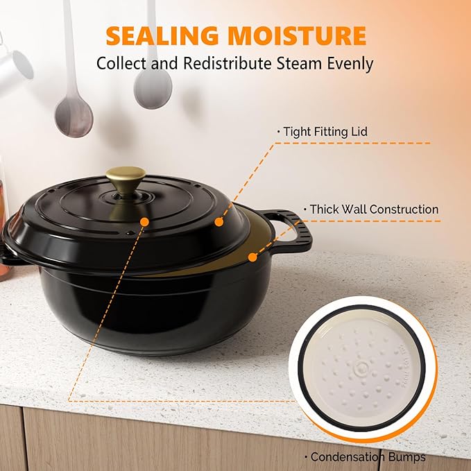 Bonnlo 6QT Round Dutch Oven, Enameled Cast Iron Dutch Oven Pot with Lid & Dual Handles, Oven Safe Up to 500째 F, for Sourdough, Bread Baking, Stews and Roasting (Black)