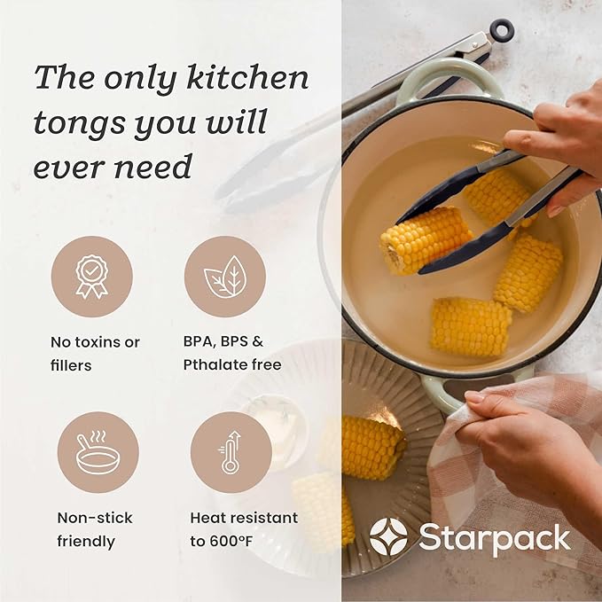 StarPack Premium Silicone Kitchen Tongs Set of 2 (9-Inch & 12-Inch) - Stainless Steel with Non-Stick Silicone Tips, High Heat Resistant to 480째F, For Cooking, Serving, Grill, BBQ & Salad (Stormy Grey)