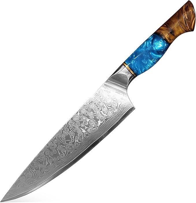 Damascus Kitchen Knife, 67-Layer Damascus Steel, 13??Professional Chef Knife for Kitchen, Ergonomic Wood & Resin Handle in Gift Box, Ideal for Gifting (Blue, 1 piece)