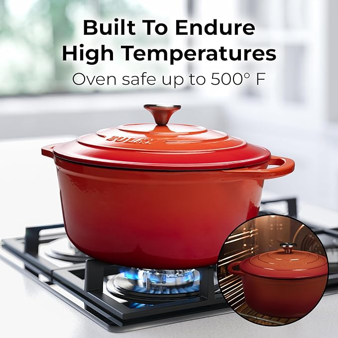 Zulay Kitchen 5 Quart Enameled Cast Iron Dutch Oven Pot with Lid ??Premium Durability & Oven Safe up to 500째F ??Heavy Duty Cookware Perfect for Bread Baking, Stews, Braising & Roasting ??Orange