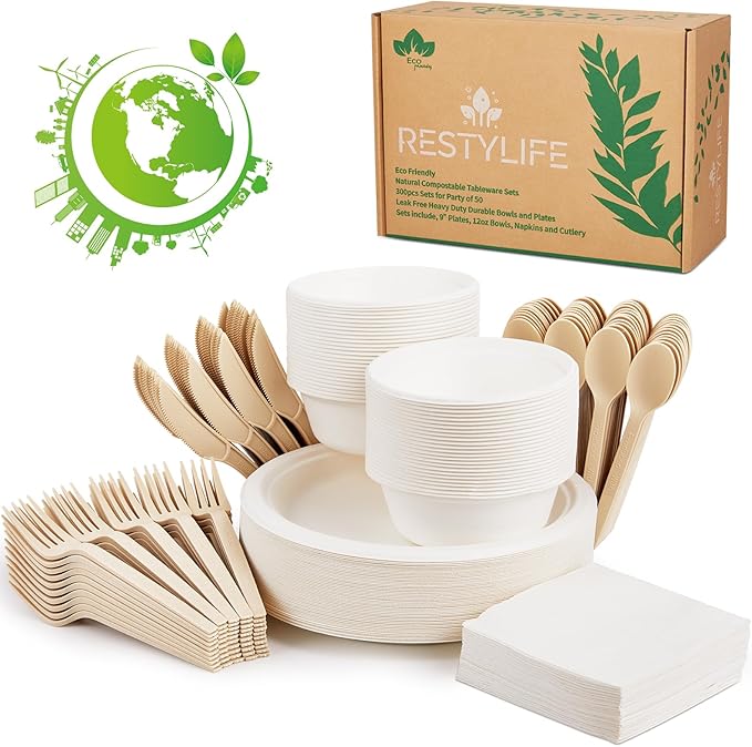 300pcs Compostable Paper Plates Set - Heavy-Duty Biodegradable Plates, Bowls & Cutlery - Ideal for Parties, Weddings, Picnics, Camping - Eco-friendly, Safe, BPA Free, Microwave Safe