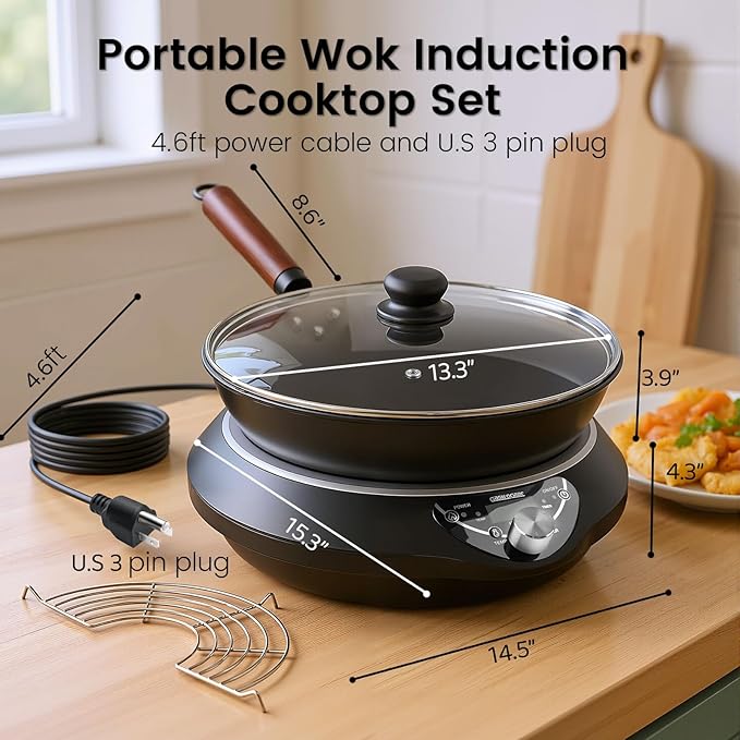 Induction Wok Cooktop Set, 2025 New & Improved Electric Skillet Induction Burner w/Carbon Steel Wok, Glass Vented Lid, Rack, 176째F to 464째F, 18 Hrs Timer, Auto-off (Black 110V~120V)