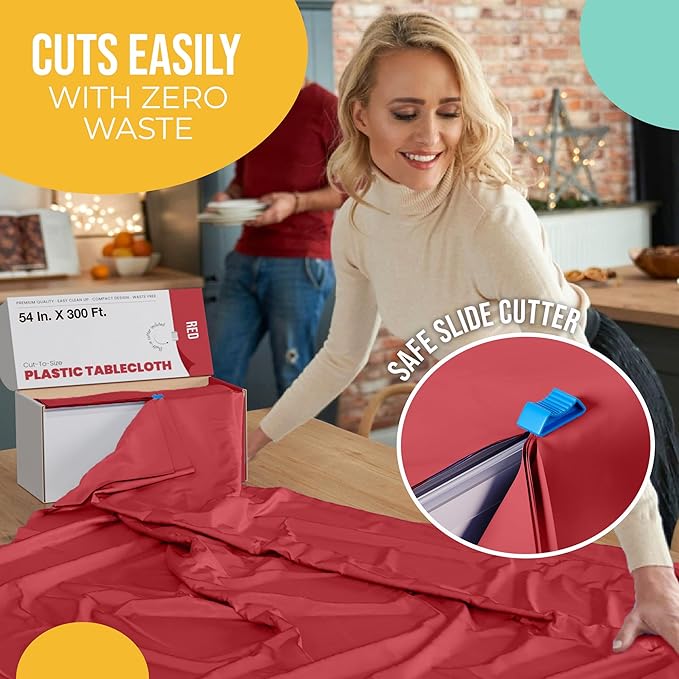 Exquisite Red 54x300in Plastic Disposable Tablecloth Roll with Built-in Cutter - 36 Rectangle Table Covers in a Box