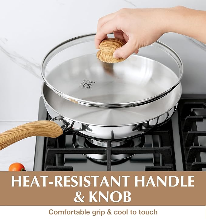 KOCH SYSTEME CS Stainless Steel Pan 12 Inch, Stainless Steel Frying Pan with Lid for Professional Cooking, PFAS-Free 12 Inch Skillet with Cool-Touch Bakelite Handle, Induction Compatible