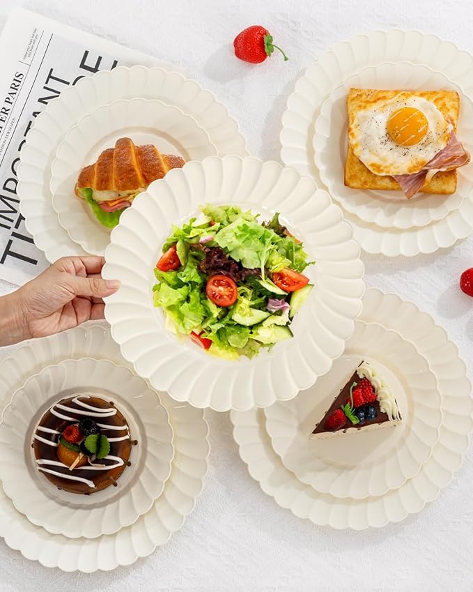 YOUBET 100PCS Ivory Scalloped Plastic Plates - Heavy Duty Disposable Fancy Hard Plates Include 50 Dinner Plate, 50 Dessert Plate, for Wedding & Party