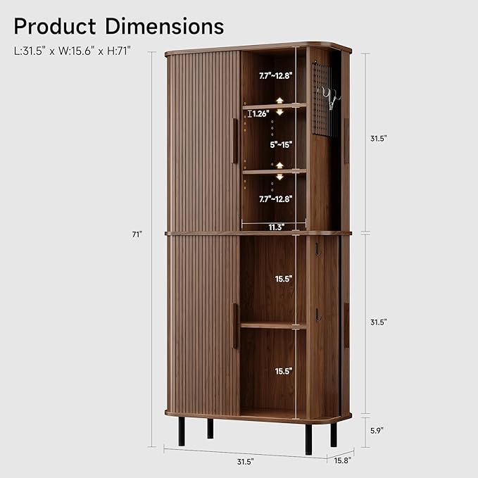 ONBRILL 71" Fluted Pantry Cabinet, Tall Kitchen Pantry Storage Cabinet with 2 Pegboards, 4 Hooks & Adjustable Shelves, Wood Cupboard for Kitchen, Dining Room, Living Room and Hallway, Walnut
