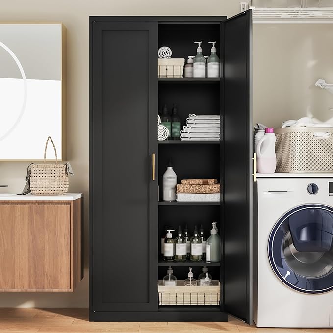 Kitchen Pantry Cabinet,71??Metal Tall Pantry Storage Cabinet with Doors and 4 Adjustable Shelves,Kitchen Storage Cabinets Black Freestanding Food Cabinet for Pantries, Kitchen, Livingroom, Dining Room