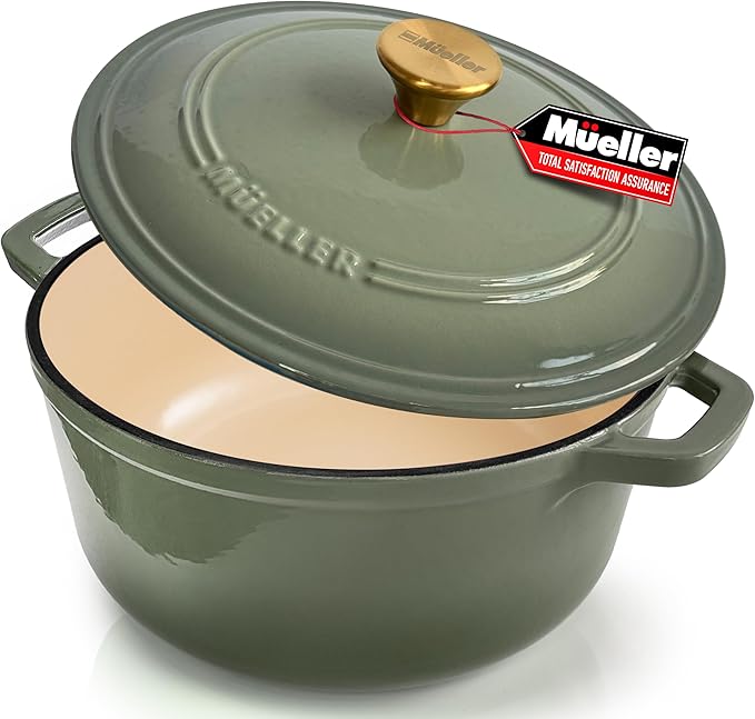 MUELLER HOME 7.5 Quart Enameled Cast Iron Dutch Oven For Sourdough Bread Baking, Heavy-Duty, Oven-Safe up to 500째 F & Across All Cooktops, Casserole Dishes, Green Kitchen Accessories, Thyme Green