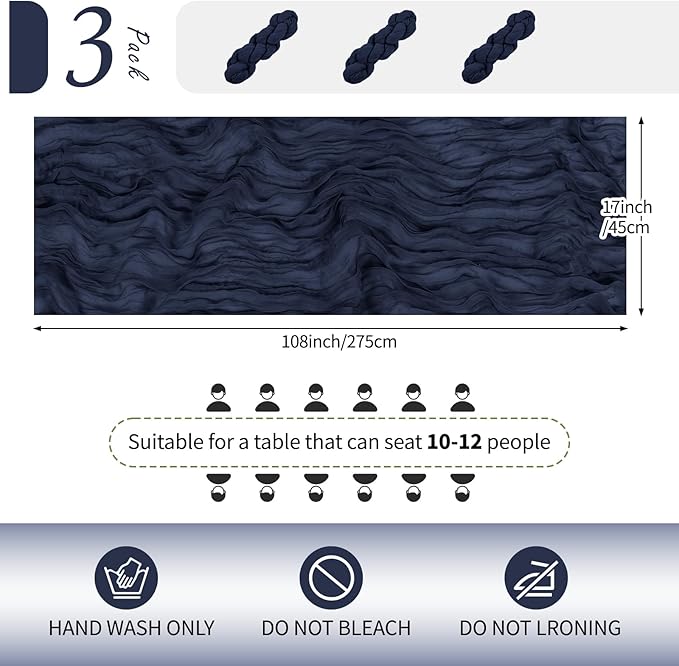 RealBox 3 Pack Navy Blue Cheesecloth Table Runner 17x108 Inch Semi Sheer Boho Gauze Cheese Cloth Fabric Table Runners Table Decor for Wedding Party Baby Shower Birthday Home Decor Garden Farmhouse