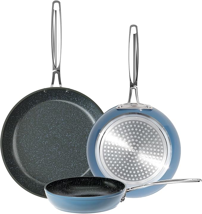 Nuwave 3-Piece 8?? 10?? 12??Forged Lightweight Frying Pan Set, G10 Healthy Duralon Blue Ceramic Ultra Non-Stick, Ergonomic Stay-Cool Handles, Induction-Ready & Works on All Cooktops