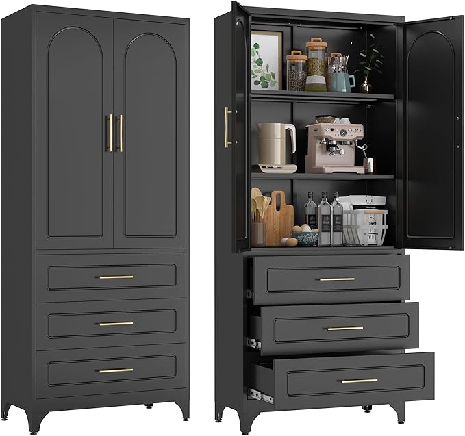 75??Tall Kitchen Pantry Cabinet,Metal Storage Cabinets with Doors and Adjustable Shelves,Modern Kitchen Hutch Cabinet,Freestanding Cupboard for Dining Room