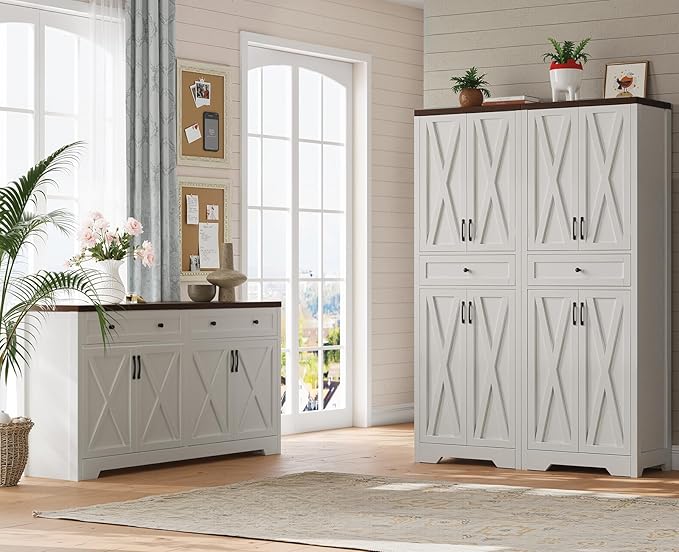 Lyromix 3 Pieces Sideboard and Pantry Set with Storage, Brown Farmhouse Wall Unit Entertainment Center, Large Kitchen Sideboard Buffet Pantry Cabinet with Drawers