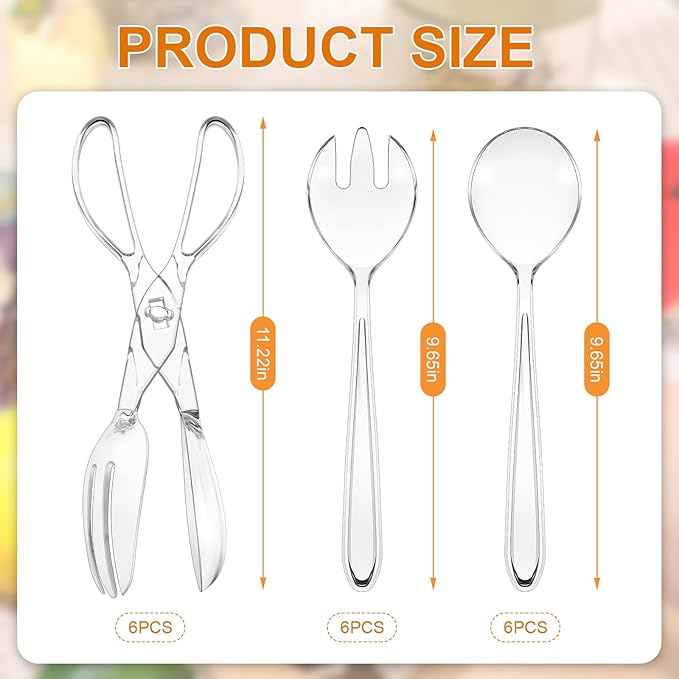 18 Pcs Plastic Serving Utensils 9" Clear Disposable Utensils Set Includes Spoons Serving Forks Tongs for Birthday Wedding Parties Buffet Cutlery Food (Clear)