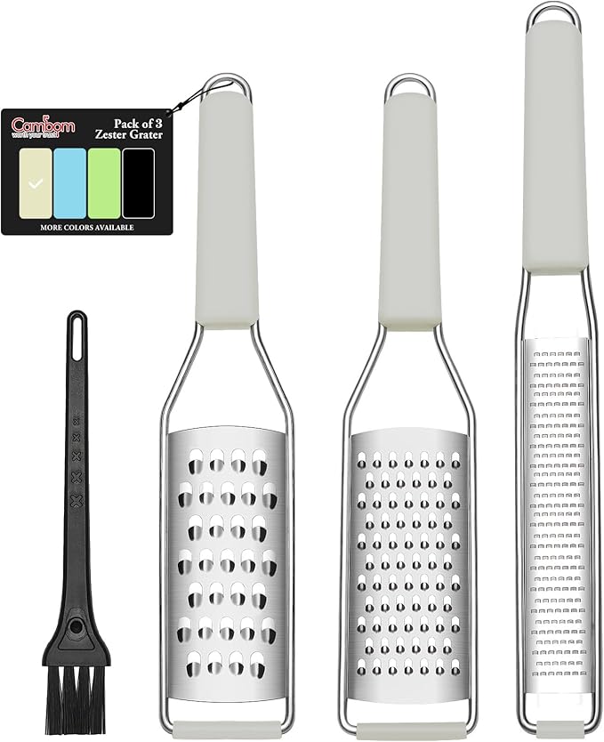 Cambom Lemon Zester Grater Three-piece Suit - Heavy Duty Kitchen Tool for Parmesan Cheese, Ginger, Garlic, Nutmeg, Chocolate, Vegetables竊똅ruits竊똕tainless Steel Grater Dishwasher Safe Clear