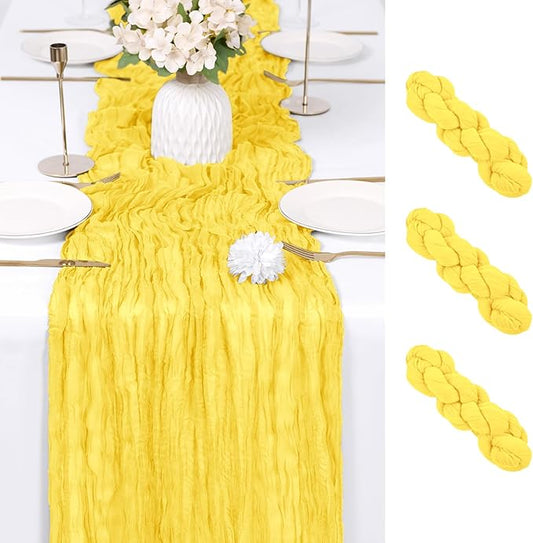 RealBox 3 Pack Lemon Yellow Cheesecloth Table Runner 17x108 Inch Semi Sheer Boho Gauze Cheese Cloth Fabric Table Runners Table Decor for Wedding Party Baby Shower Birthday Home Decor Garden Farmhouse