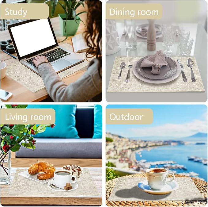 JUCCWARM Faux Leather Placemats Set of 6,Heat Resistant Placemats for Dining Table, Easy Clean Non-Slip Place Mats, Waterproof Stain Resistant Wipeable Washable PU Table Mats, (Beige)