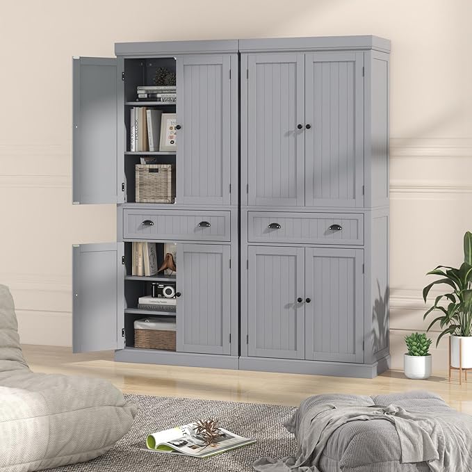 Tangkula 72" H Kitchen Pantry Cupboard Cabinet, Traditional Freestanding Large Tall Storage Cabinet with 2 Cabinets and Drawer, Adjustable Shelves, for Living Room Kitchen, 30 x 16 x 72 Inch