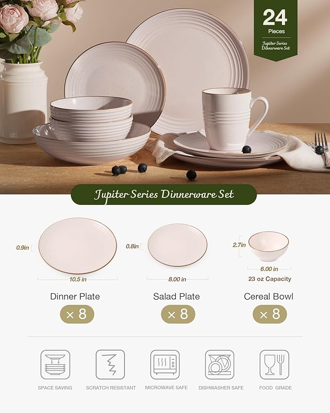 Famiware Jupiter Dinnerware Set, Plates and Bowls Dish Sets for 8 (24 Pieces), Microwave and Dishwasher Safe Stoneware Speckled Tableware, Chip and Scratch Resistant, Light Pink