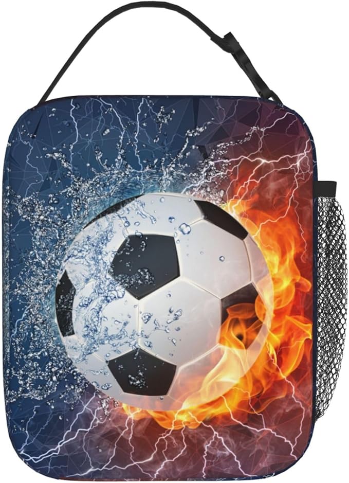 YIJIUWKIS Soccer Lunch Box Sports-themed Lunch Bag for Kids Teens Boys Girls, Insulated Leakproof Waterproof Reusable Lunch Bags with Mesh Pocket, Portable Durable Cooler Tote Bag with Double Zippers