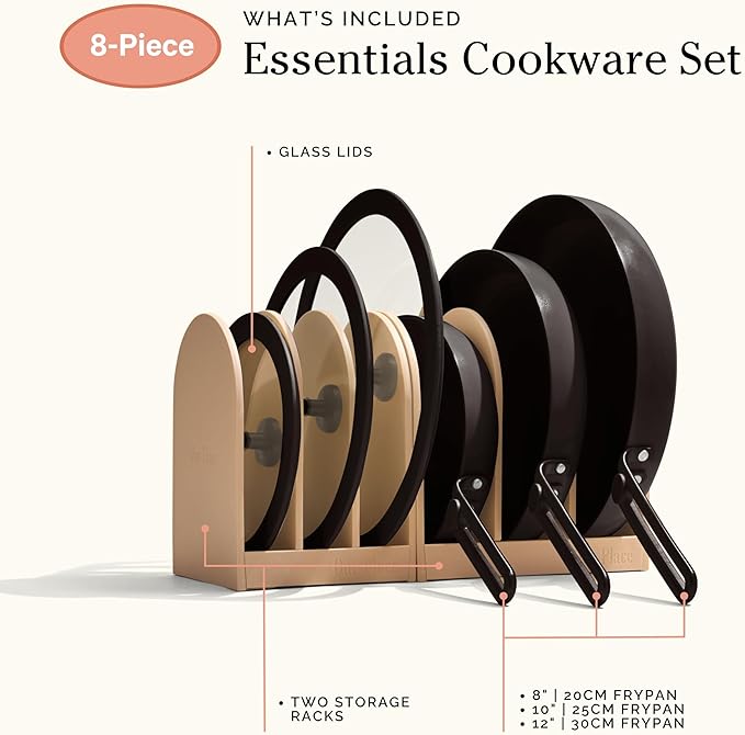 Our Place 8-Piece Essentials Complete Cookware Set - Ceramic Fry Pan Trio & Modular Rack Storage | Nontoxic Thermakind??Nonstick, Oven Safe up to 450째F & Compatible with All Cooktops | Char