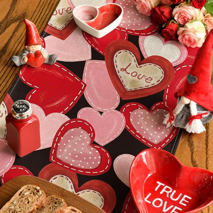 Artoid Mode Black Pink Love Heart Valentine's Table Runner, Seasonal Anniversary Kitchen Dining Table Decoration for Home Party Decor 13x60 Inch
