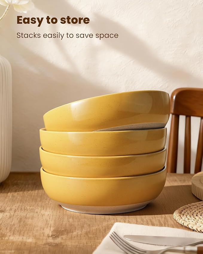Pasta Bowls Set of 8, 34oz Speckled Ceramic Bowls Set for Serving Salad, Pasta, Soup, Dinner, 8" Wide and Deep Bowls, Dishwasher & Microwave Safe, Matte Terracotta Base (Ginger Yellow)
