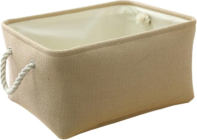 TheWarmHome Decorative Basket Rectangular Small Storage Basket Fabric Storage Bin Organizer Basket with Handles for Clothes Storage (Beige, 11.8L횞7.9W횞5.2H inch)