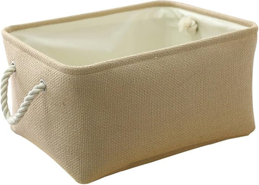 TheWarmHome Decorative Basket Rectangular Small Storage Basket Fabric Storage Bin Organizer Basket with Handles for Clothes Storage (Beige, 11.8L횞7.9W횞5.2H inch)