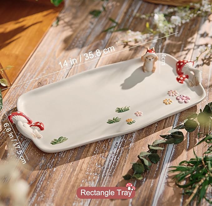 Mushroom Ceramic Tray, Rectangle 14 in Double Handle Dessert Appetizer Baking Dishes, Cute Steak Dinner Plates, Decorative Plate with Cute Squirrels. Novel Christmas Cutlery Gifts.