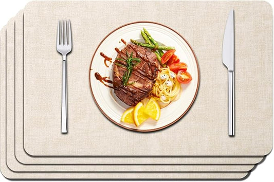 Maxpearl Faux Leather Placemats Set of 4 - Waterproof - Wipe Clean - Heat Resistant - Anti Slip Dining Table Place Mats, Suitable for Indoor & Outdoor Use, 17?쇺쇒?2?쇺? Beige