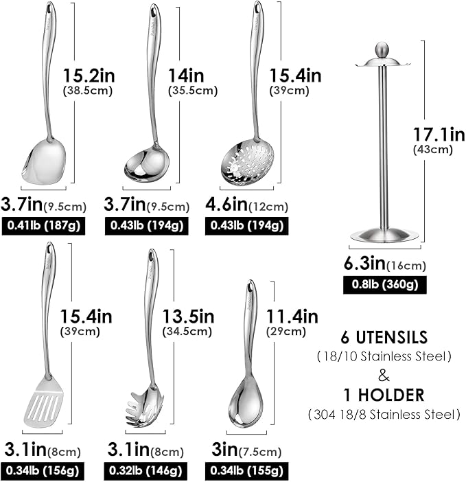 18/10 Stainless Steel Cooking Utensils Set with Holder, 7-Pieces All Metal Kitchen Utensils, 15?쇺?Long Kitchen Tools with Countertop Rotating Stand, Spatula, Ladle, Skimmer, Tunner, Pasta, Large Spoon