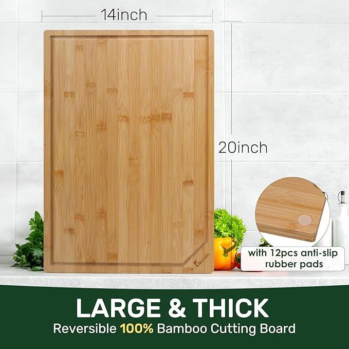 Bamboo Cutting Boards for Kitchen, Extra Large Wood Cutting Board with Deep Juice Groove and Handle Heavy Duty Chopping board, Kikcoin, 20" x 14"