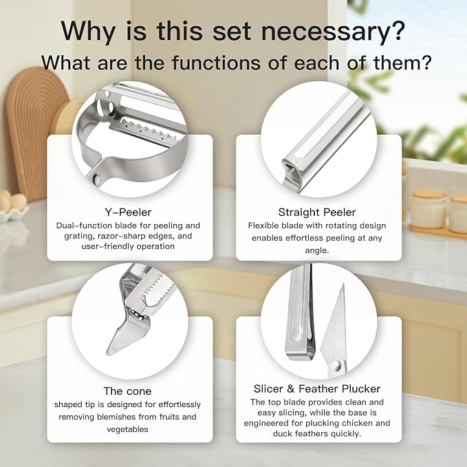 Adnexum 3-in-1 Vegetable Peeler - Ultra Sharp Slicer, Grater & Peeler with Ergonomic Design Grip for Effortless Peeling, Slicing and Grating for Fruit, Potatoes, Carrots, Apples