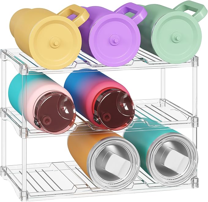 Lifewit Stackable Water Bottle Storage Organizer, Clear Freestanding Wine Bottle Holder for Cabinet, Tumbler Cup Organizer, Plastic Large Compartment Wine Rack for Fridge Cellar, 3Tier Hold 9