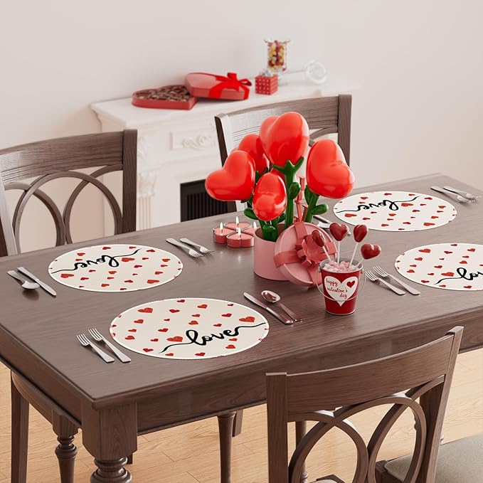 XCHI Red Little Love Hearts Valentine's Day Round Placemats Set of 4 Table Mats for Party Home Kitchen Dining Table Decorations 14x14 Inch