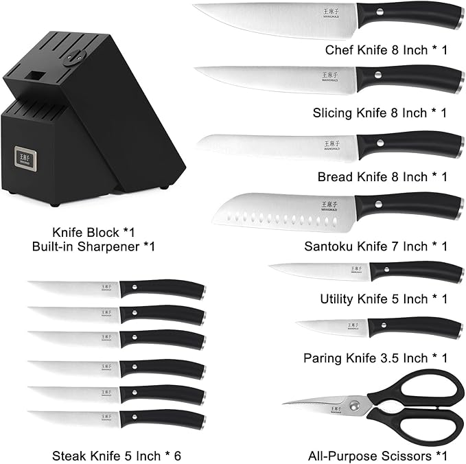 Premium Chef Knife Set,High Carbon Stainless Steel Ergonomic Rivet Handle,Sharp Knife Set for Kitchen,Hundreds of Years of Masterful Craftsmanship(Black,15PCS)