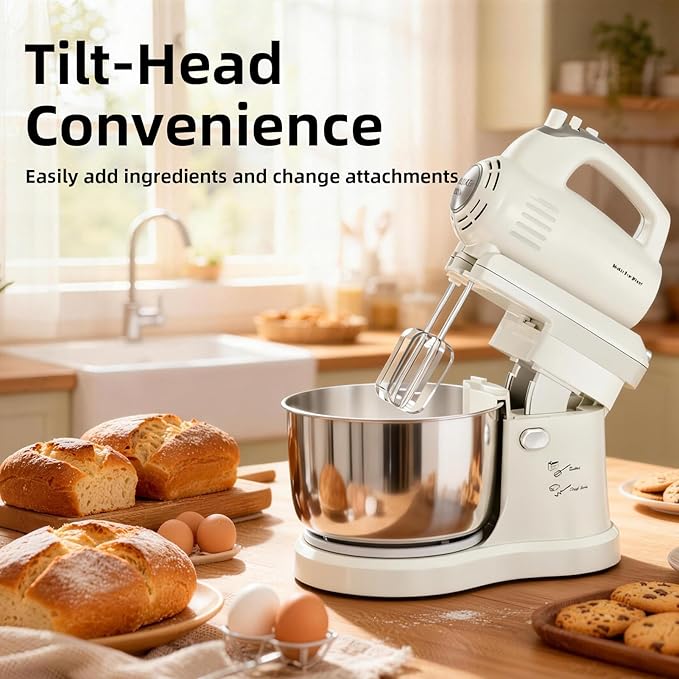 Stand Mixer Hand Mixer Electric Kitchen - 3.2 QT Auto-Rotating Bowl & Beater Small Standing Mixer, 5-Speed Tilt-Head Household Mixer with Beaters& Dough Hooks for Baking, White