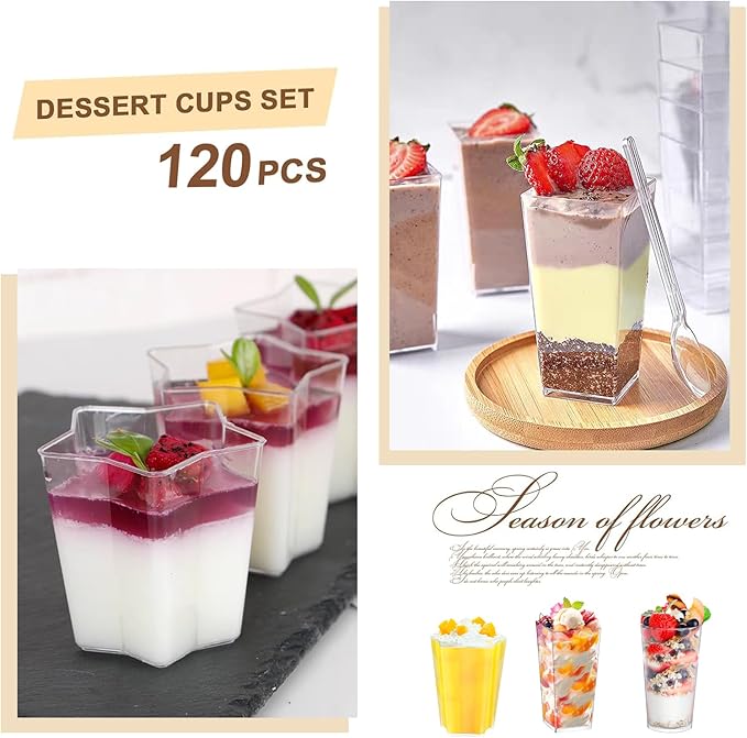 ALEXPRE 240 Packs 2/3 oz Mini Dessert Cups with Spoons, Square/Round/Five-pointed Star Clear Dessert Parfait Cups, Mini Plastic Dessert Cups Small Reusable Fruit Ice Cream Pudding Appetizer Cup Bowls