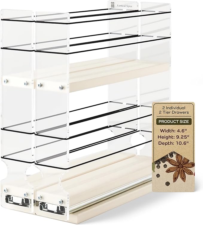 Vertical Spice - Narrow Pullout Spice Rack - Sliding Drawer for Kitchen Organization - Pantry Organizers and Storage - 2 Drawers & 2 Tiers - 10 Spice Jar Capacity (4.6" W x 9.25" H x 10.6", Cream)