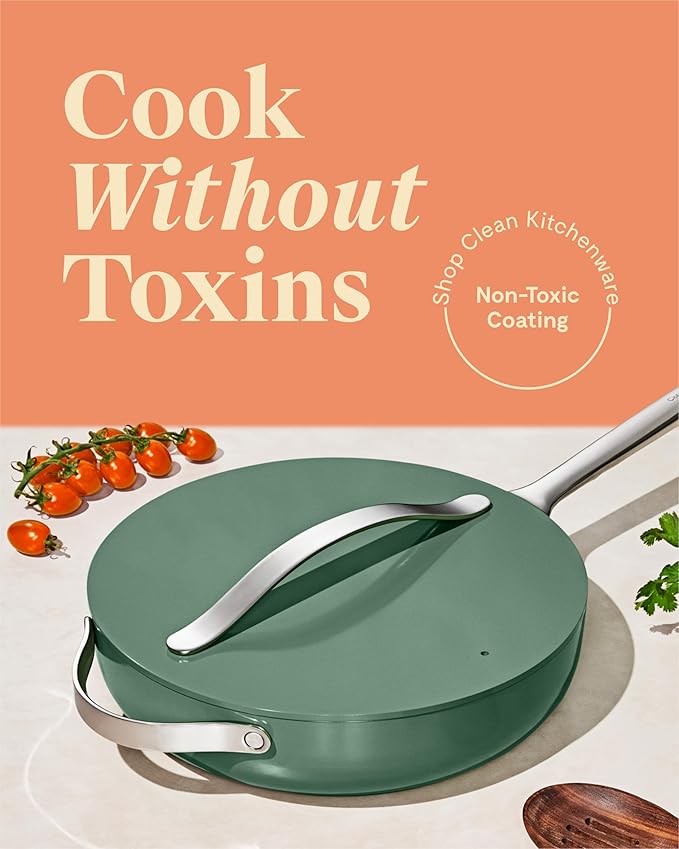 Caraway Nonstick Ceramic Saut챕 Pan with Lid (4.5 qt, 11.8") - Non Toxic, PTFE & PFOA Free - Oven Safe & Compatible with All Stovetops (Gas, Electric & Induction) - Sage