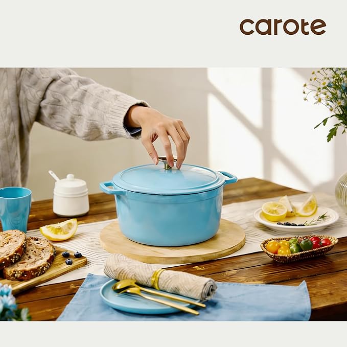 CAROTE 5QT Enameled Cast Iron Dutch Oven Pot with Lid, Heavy-Duty Dutch Ovens for Sourdough Bread Baking, Braising, Roasting, Dual Handles, Healthy & Non-Toxic, All Stovetop Compatible, Oven Safe up to 500째 F, Macaron Blue
