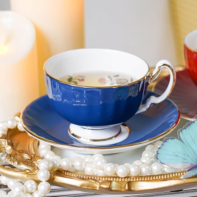 Aynsley Pembroke Glaze Oban 2-Piece Fine Bone China Teacup & Saucer - 6oz (180ml), Handpainted Floral with Gold Trim - Vintage Gift Set -Blue