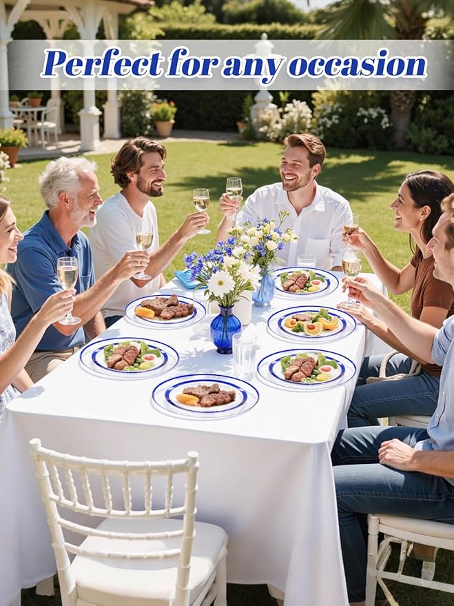 WDF 12 Inch Disposable Charger Plates - 25Pack Plastic Clear and Blue Charge Plates Perfect for Dinner/Wedding/Party/Elegant Tabletop Decor