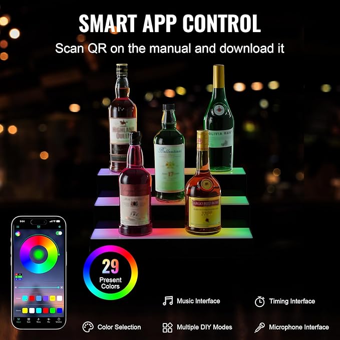 VEVOR LED Lighted Liquor Bottle Display, 3 Tiers 16 Inch Commercial Illuminated Home Bar Shelf, 3 Steps Whiskey Rack Stand, Acrylic Drink Shelves with RF Remote & App Control, and Multicolor Light