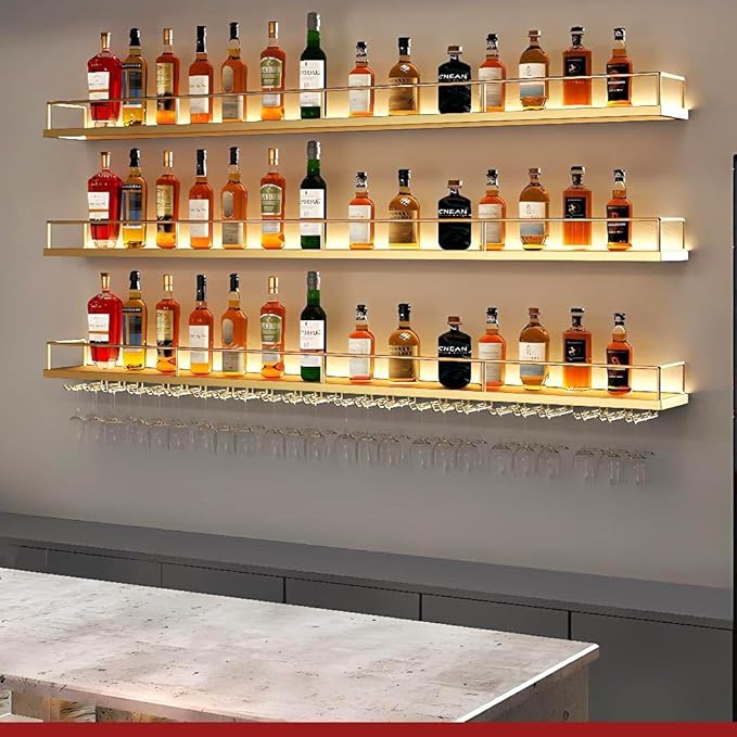 Metal Wall Mounted Wine Rack with LED Light, 3 Tiers Liquor Bottles Floating Shelves with Glass Holder, Wine Shelf Industrial Bar Shelves for Home Bar Dining(Gold, 160cm/63in)