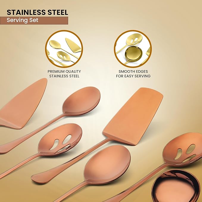 Avador짰 Premium Set of 8 Stainless Steel Hostess Serving Utensil Tool Set for Weddings | Buffer | Party | Kitchen | Restaurants (Rose Gold Plated)