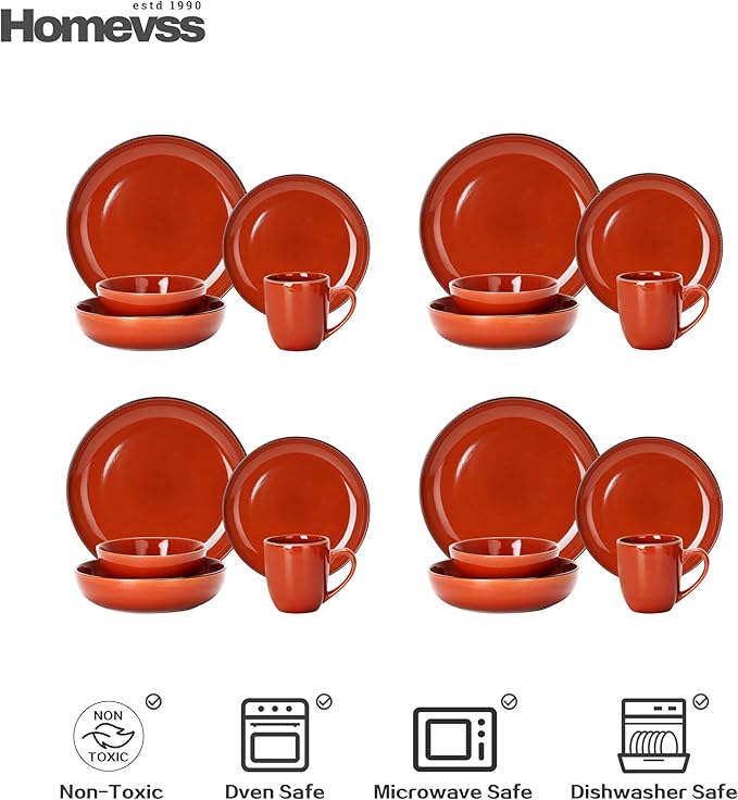 HomeVSS 20-Piece Dinnerware Set - Serves 4, Bright Glaze Orange plates and bowls sets with Speckle Effect for Microwave & Dishwasher Safe
